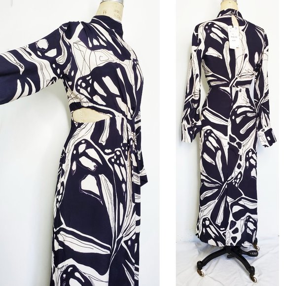 ZARA Womens Abstract Printed Cut-out Midriff Midi Dress Navy/Off-White S NWT - Picture 4 of 14